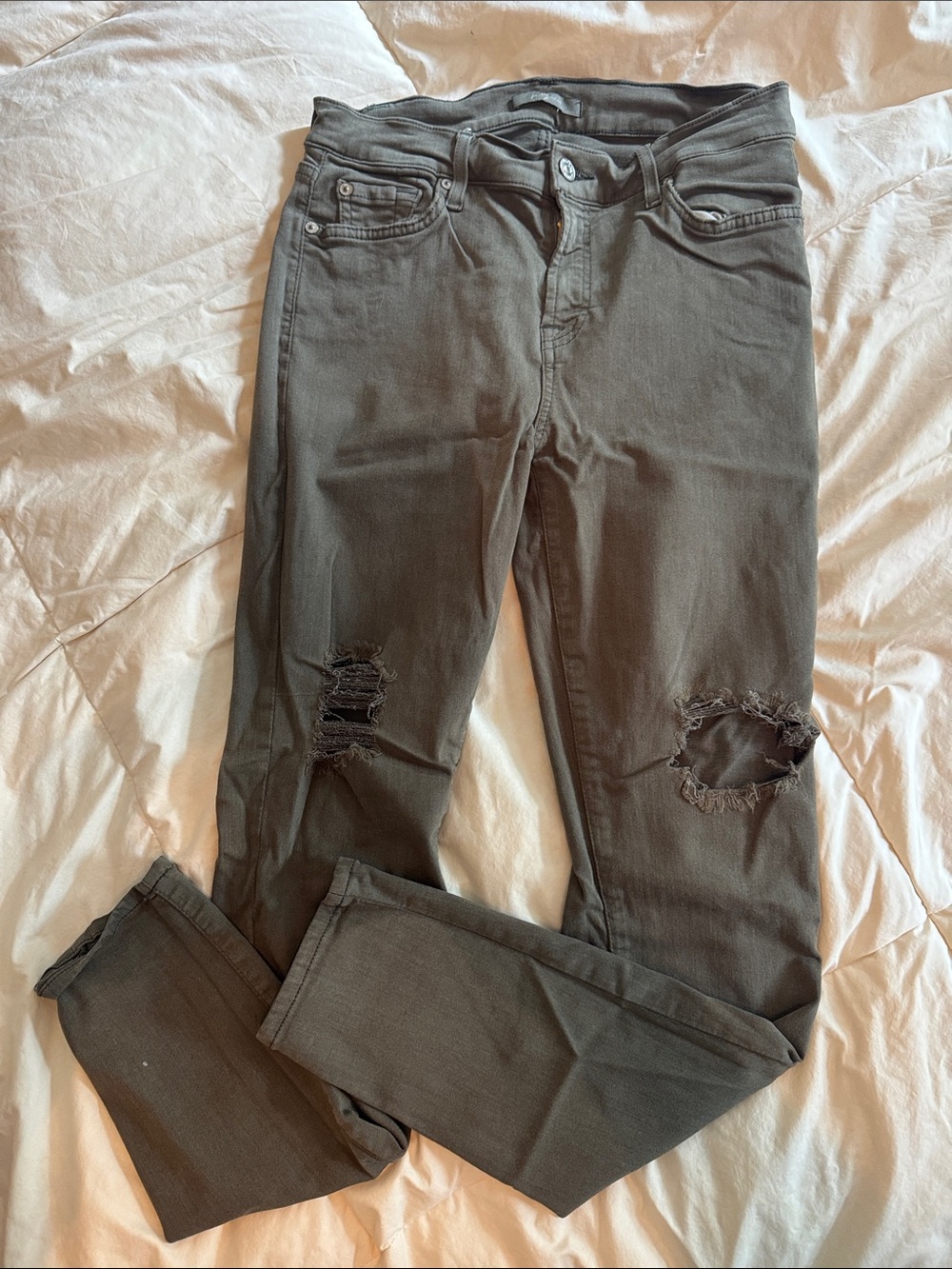 7 For All Mankind Women’s Distressed Stretch Skinny Jeans - Green